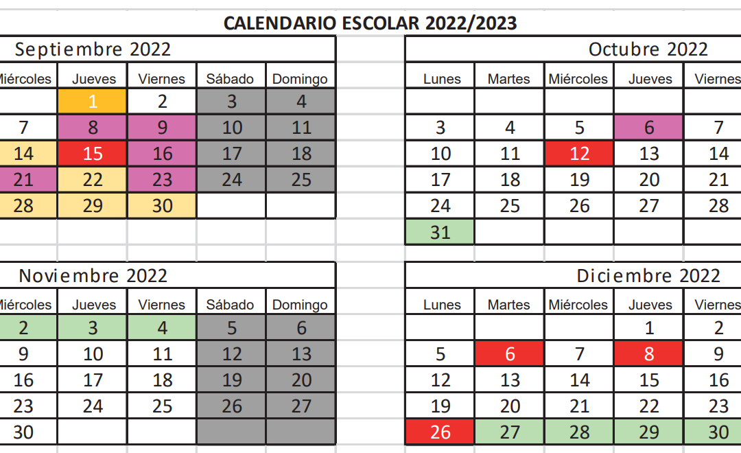 Calendario escolar para el curso 2022-2023