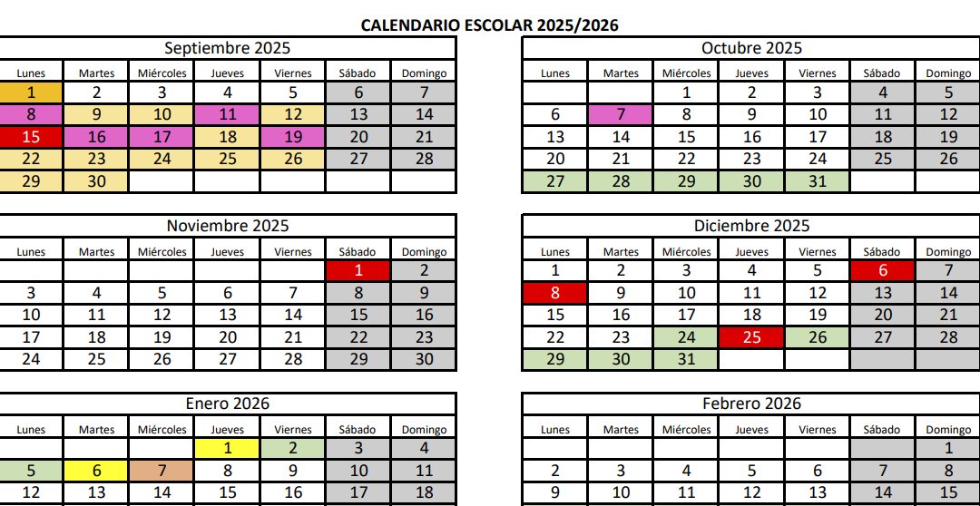 Calendario escolar para el curso 2025-2026