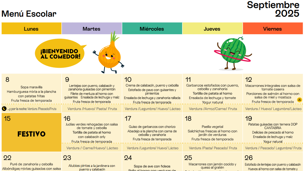 Menú para el primer trimestre del curso 2025-2026